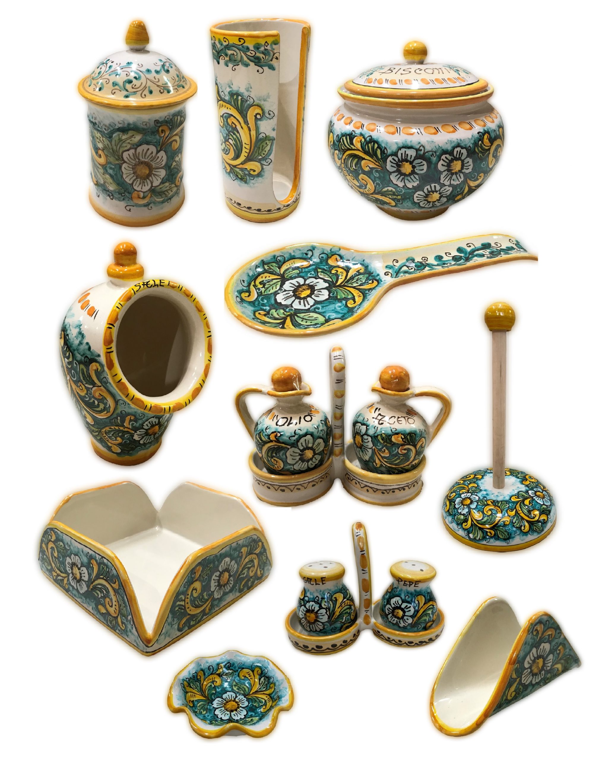 Set da cucina completo di 15 prodotti con decoro verde a fiori ceramiche di  Santo Stefano di Camastra – Ceramiche La Maiolica
