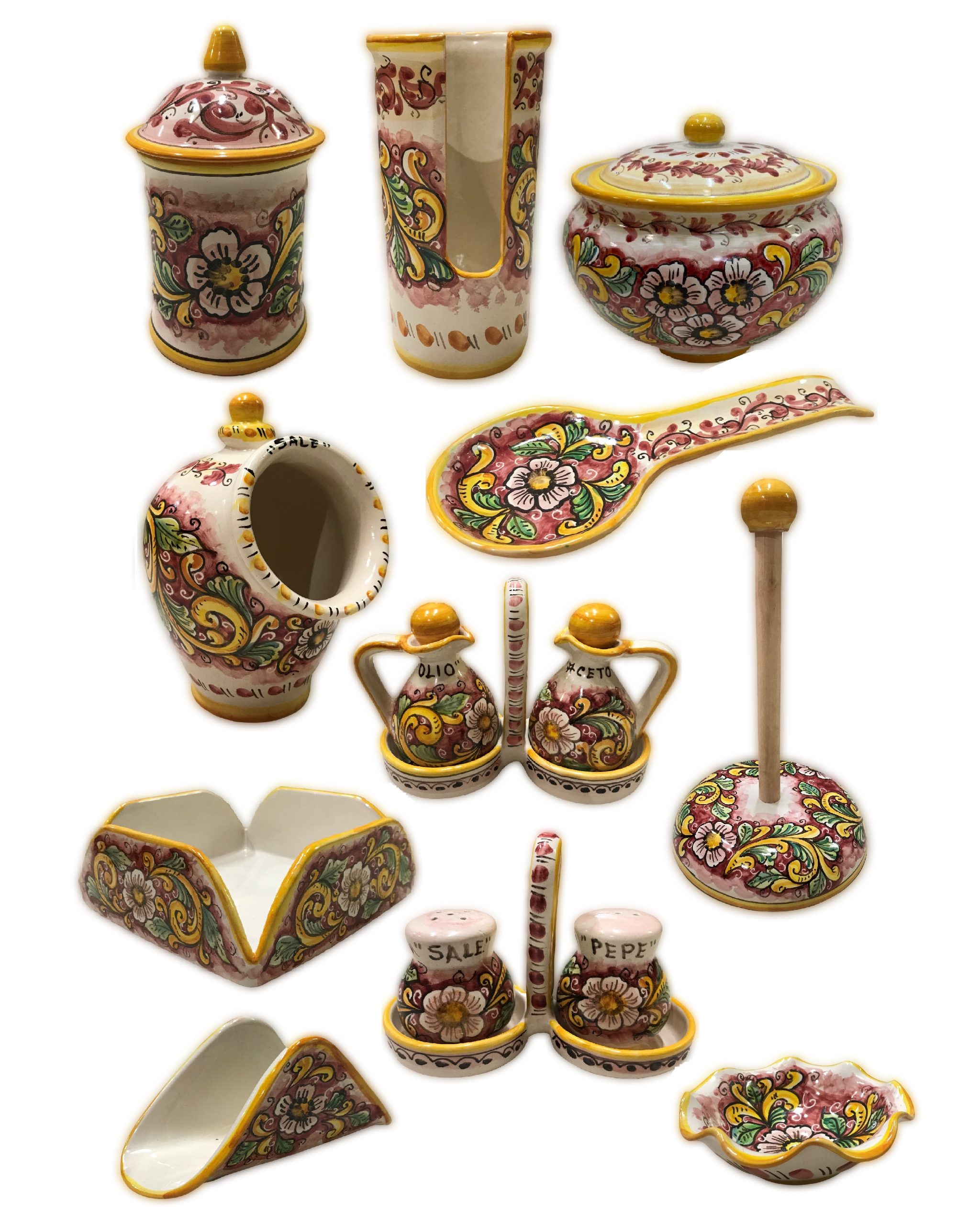 Set da cucina completo di 15 prodotti con decoro rosso a fiori ceramiche di  Santo Stefano di Camastra